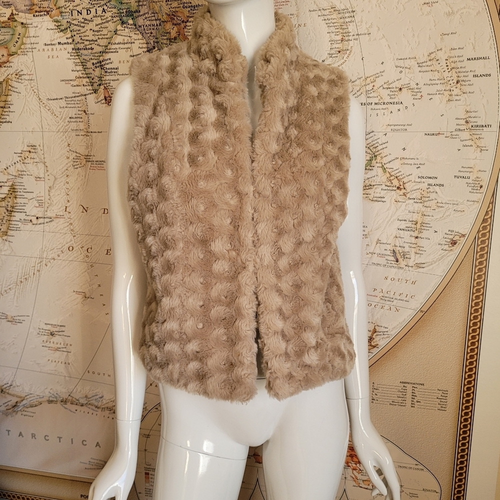 Elle faux fur cozy tan cropped high collar open vest comfy edgy luxe boho M